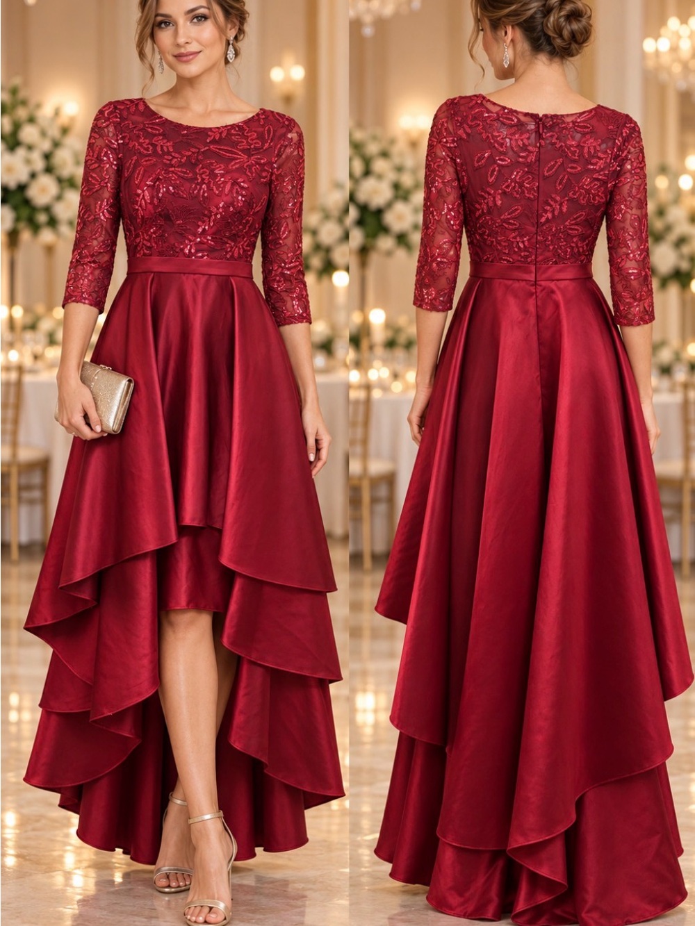 JJs House Red High-Low Satin & Lace Formal Dress for Girls 3/4 sleeve